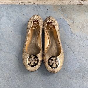 Tory Burch gold snakeskin flats